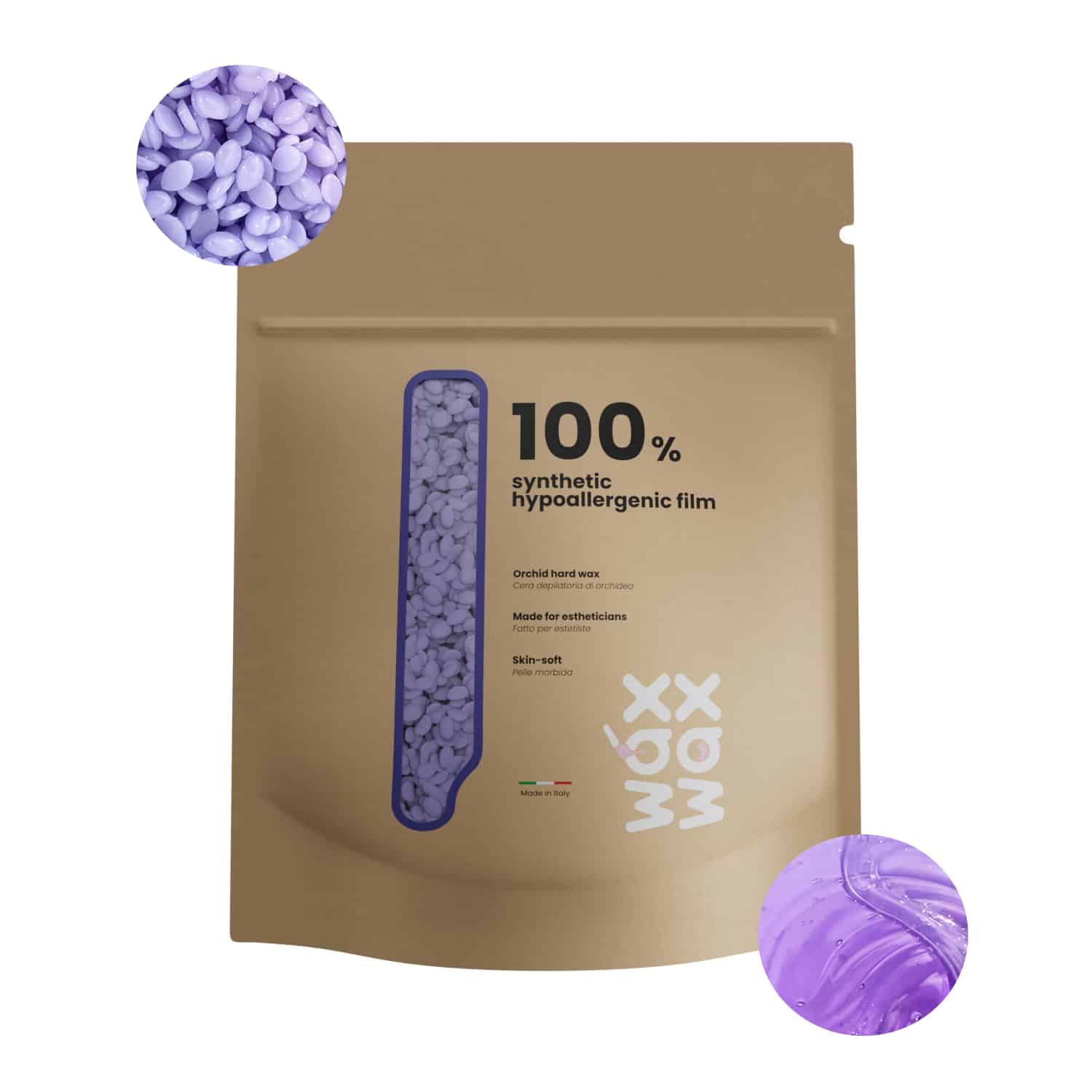 Orchid hypoallergenic hard wax beads for sensitive skin.